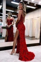 Sparkly Blue Sheath Sequins Long Prom Dress with Slit BM bride