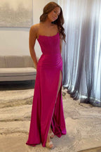 Fuchsia Strapless Corset Mermaid Long Satin Prom Dress with Slit