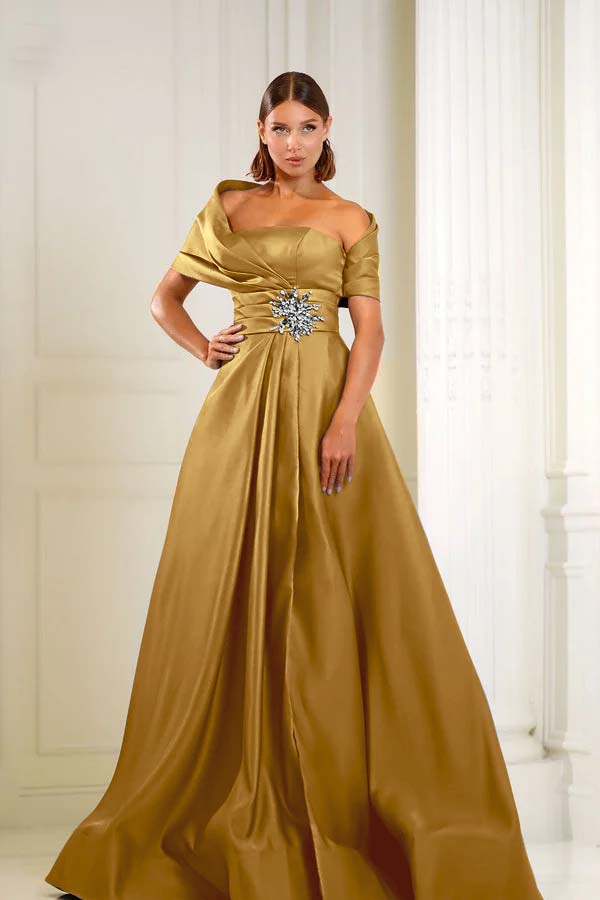 Off the Shoulder Sleeveless Long Prom Dress With Pleated Beading BMBRIDE