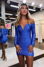 Simple Blue Off the Shoulder Tight Short Homecoming Dress with Sleeves Bmbride