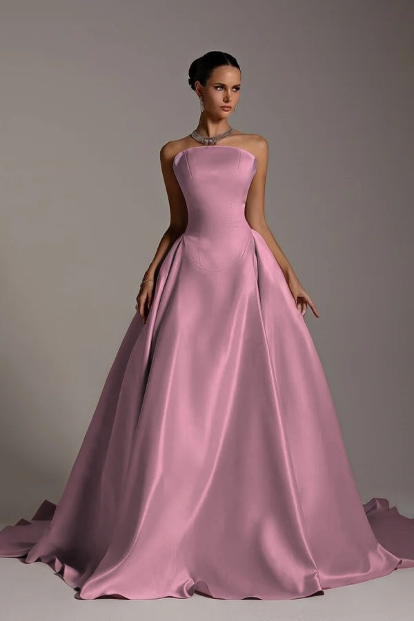 Chic Strapless Sleeveless A Line Long Prom Dress With Pleated BMBRIDE