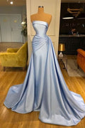 Elegant Strapless Baby Blue Mermaid Evening Dress Long with Ruffle BM bride