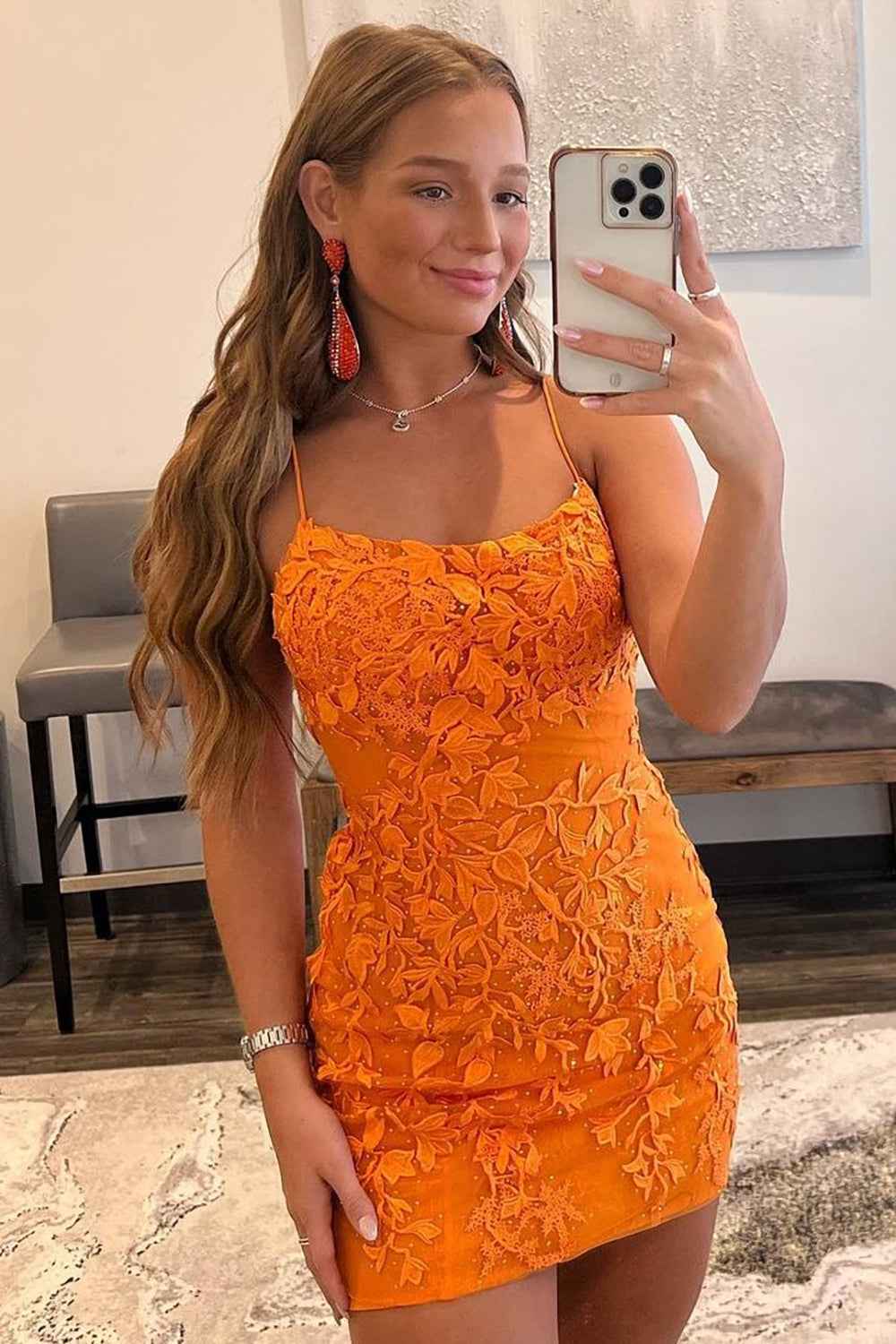 Orange Short Tight Homecoming Dress with Lace Beading Bmbride