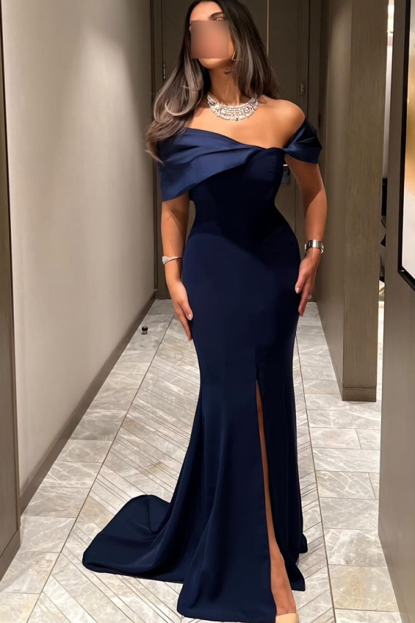 Off the Shoulder Sleeveless Long Mermaid Prom Dress With Pleated BMBRIDE