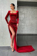 Mermaid Burgundy Long Sleeves Square Neck Prom Dress With High Split BMBRIDE
