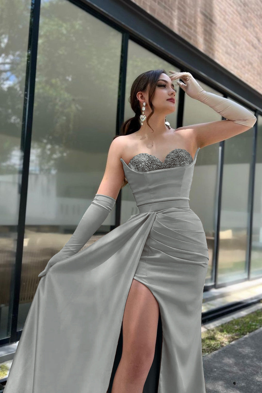 Prom Dress Sleeves Champagne Sweetheart High Slit With Gloves BMBRIDE