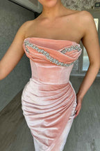 Velvet Prom Dress Pink Beading With Split Sleeveless Strapless
