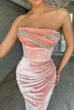 Pink Velvet Strapless Sleeveless Prom Dress with Beadings and Slit BM bride