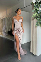Simple Orange Satin Sleeveless Spaghetti Strap Long Prom Dress With Split