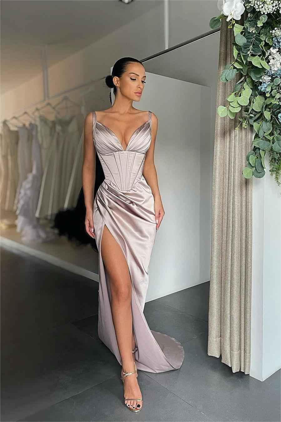 Simple Orange Satin Sleeveless Spaghetti Strap Long Prom Dress With Split