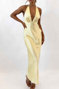 Halter Backless Sleeveless Deep V Neck Prom Dress With Pleated