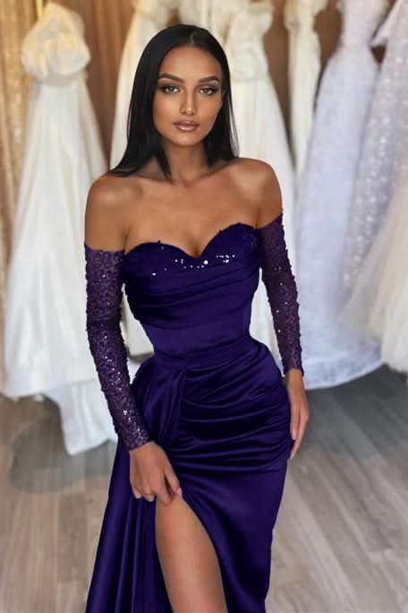 Black Prom Dress Sweetheart Short Sleeves with Pleated Slit BM bride
