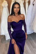 Black Prom Dress Sweetheart Short Sleeves with Pleated Slit BM bride