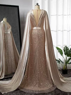 Gorgeous Pink Beaded Mermaid Evening Dress with Removable Cape BM bride