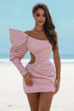 Light Pink One Shoulder Short Prom Dress with Cut-Out Sequins and Pleats BM bride