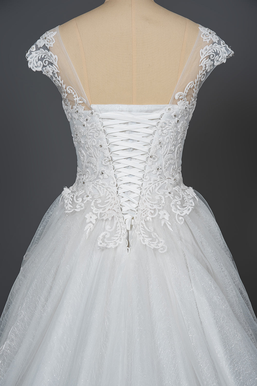 Elegant Cap Sleeve Sheer Tulle Ball Gown Wedding Dress with Lace V-Neck BM bride