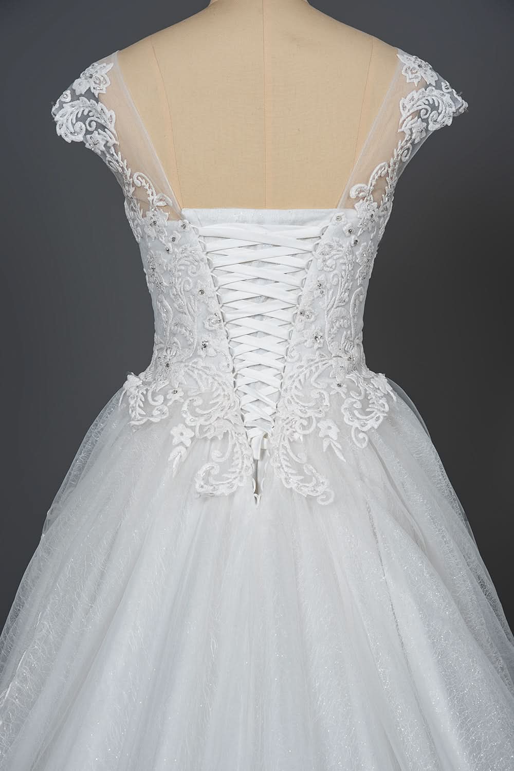 Elegant Cap Sleeve Sheer Tulle Ball Gown Wedding Dress with Lace V-Neck BM bride