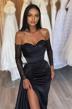 Black Prom Dress Sweetheart Short Sleeves with Pleated Slit BM bride