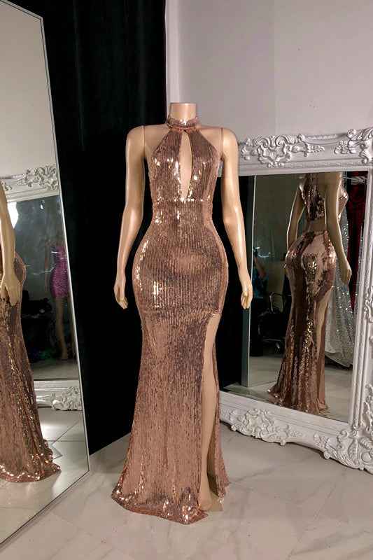 Rose Mermaid Prom Dress Sleeveless Halter With Sequins Long Split