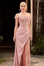Pink Off-The-Shoulder Mermaid Prom Dress with Applique Split Beadings BM bride