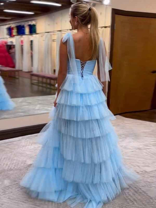 Blue A-Line Spaghetti Straps Tulle Tiered Long Prom Dress with Slit BMBRIDE