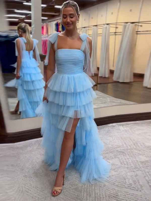 Blue A-Line Spaghetti Straps Tulle Tiered Long Prom Dress with Slit BMBRIDE