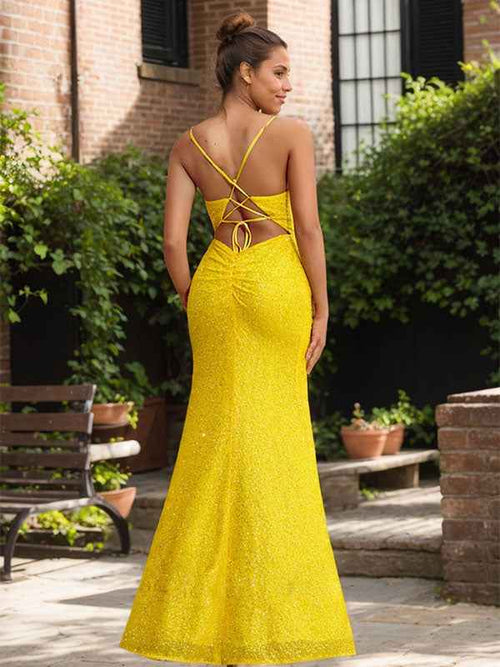 Radiant Daffodil Spaghetti Strap Sequin Gown with High Slit BMBRIDE