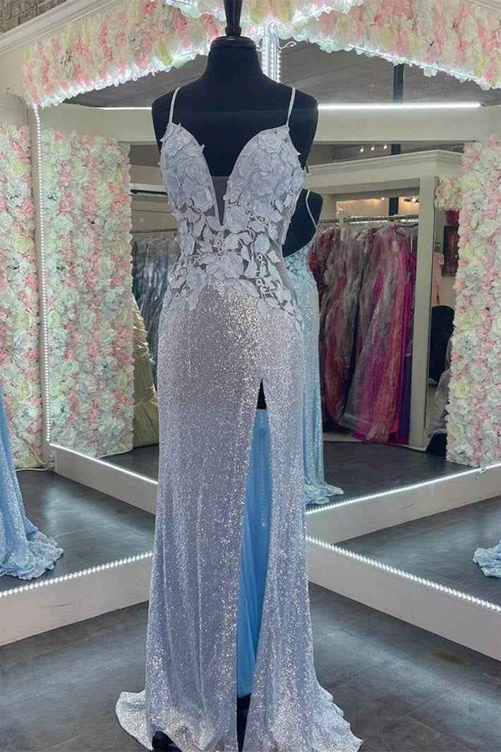 Charming V Neck Spaghetti Strap Sleeveless Prom Dress Split With Appliques