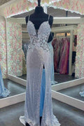 Charming V Neck Spaghetti Strap Sleeveless Prom Dress Split With Appliques