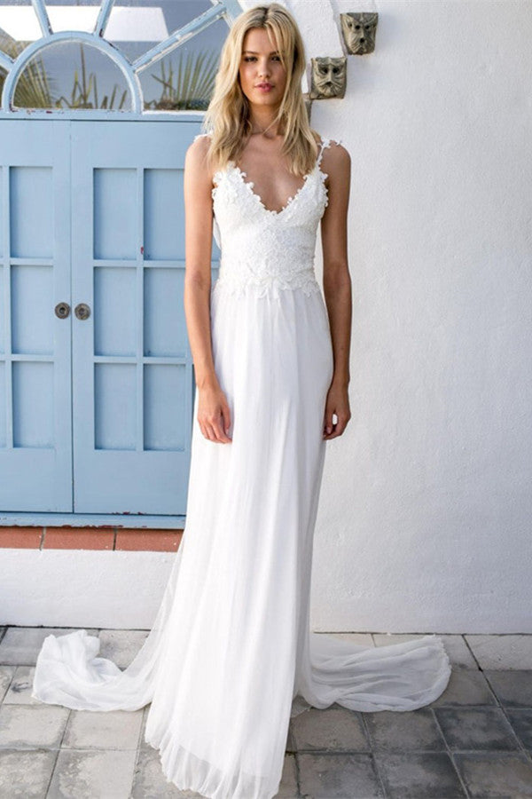 Beach Chiffon Wedding Dress with Lace Appliques BM bride