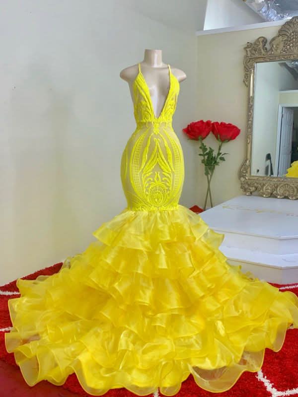 Yellow Lace Spaghetti-Straps Mermaid Prom Dress with Ruffles BM bride