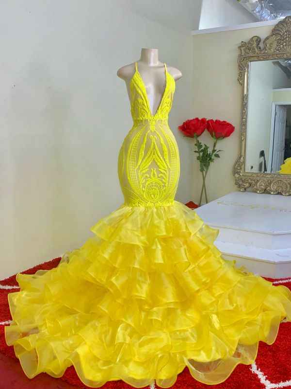 Mermaid Yellow Spaghetti Strap Halter Sleeveless Prom Dress Lace With Ruffles