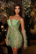 Modern Green Strapless Long Sleeves Off-the-Shoulder Beads Mermaid Prom Dress with V Neck BM bride
