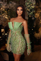 Modern Green Strapless Long Sleeves Off-the-Shoulder Beads Mermaid Prom Dress with V Neck BM bride