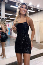 Sparkly Black Sequined Zipper Spaghetti Straps Tight Short Homecoming Dress Bmbride
