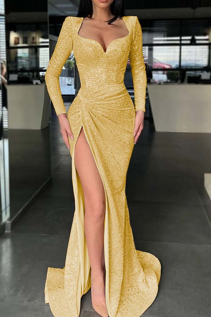 Long Sleeves High Split Long Prom Dress Mermaid With Sequins BMBRIDE
