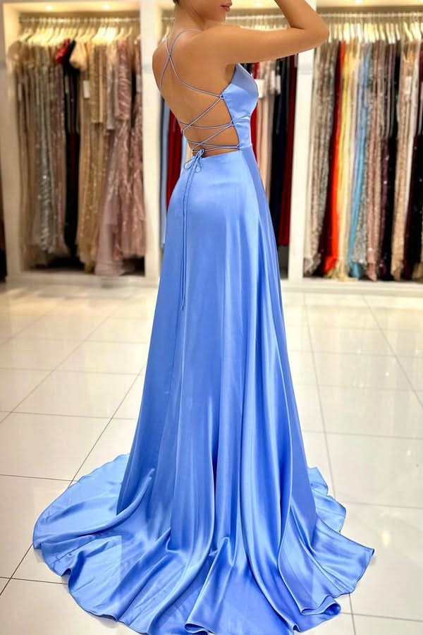 Light Blue Spaghetti Strap Prom Dress with Split BM bride