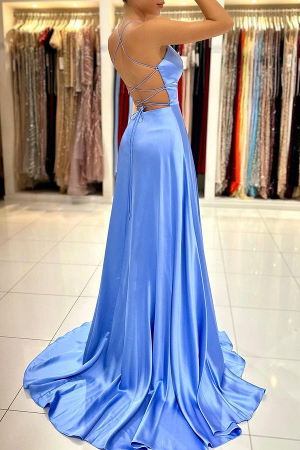Simple Blue A Line Sleeveless Spaghetti Strap Split Prom Dress With Open Back BMBRIDE