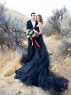 Strapless Black A-line Wedding Dress Floor-length With Tulle BM bride