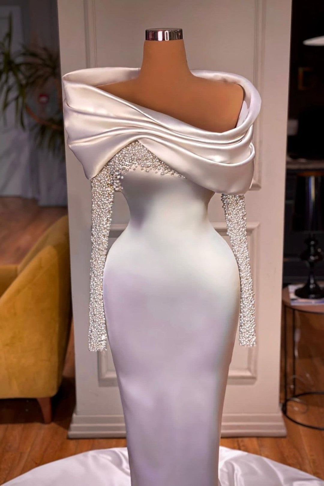 Long Sleeves White Evening Dress With Beadings for a Graceful Look BM bride