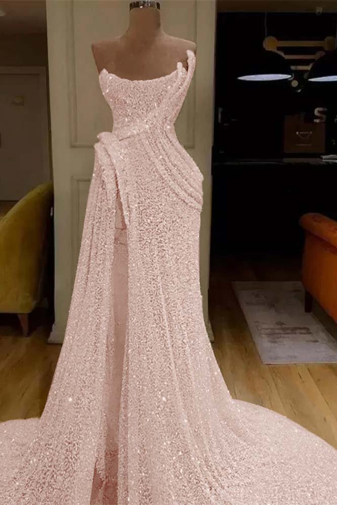 Sequin Strapless Sleeveless Long Mermaid Prom Dress With Split BMBRIDE