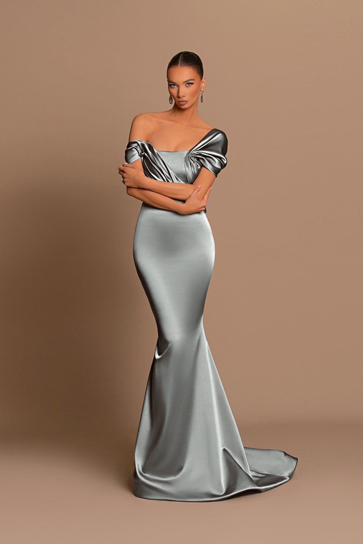 Glamorous Gray Off the Shoulder Mermaid Prom Dress With Pleated BMBRIDE