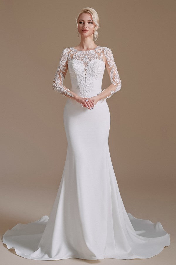 Jewel Neck Satin Lace Long Sleeve Mermaid Wedding Dress BM bride