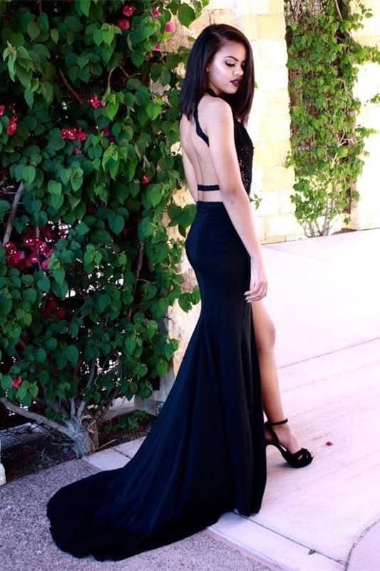 Dark Navy Sleeveless Prom Dress with Slit BM bride