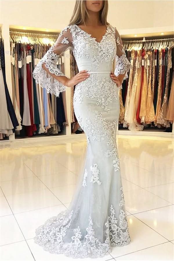 Long Half Sleeves Mermaid Prom Dress BM bride
