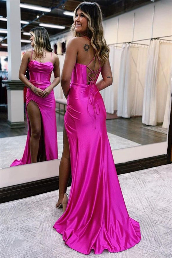 Pleated Spaghetti Strap High Slit Long Evening Dress BM bride