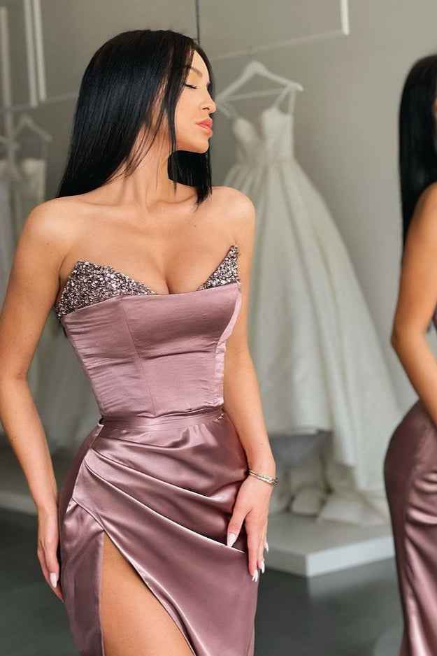 Chic Mermaid Strapless Sweetheart Prom Dress High Split Long With Sequins