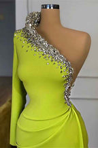 One Shoulder Mermaid Green Beadings Pleated Prom Dress With Long Sleeve