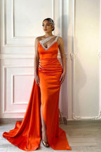 Orange One-Shoulder V-Neck Long Mermaid Prom Dress with Split BM bride
