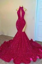 Charming Sleeveless Fuchsia High Neck Mermaid Long Prom Dress With Sequins